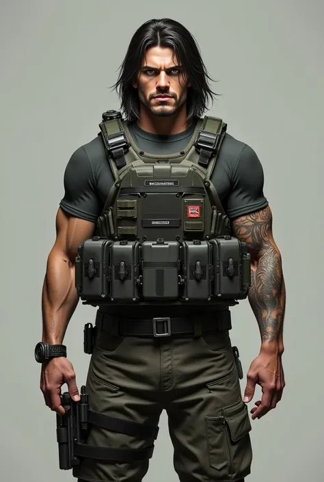 Show me an American man from head to toe , long-haired, green-eyed,  with a large tattoo on the right hand.  traits ,  dressed in a special forces agent suit. At the age of 28 