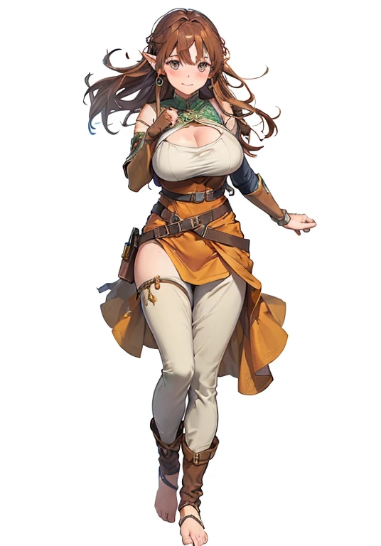 ((A beautiful village woman with a gentle smile, ((best quality))) (((HD))) (((8k))) (character) 20-year-old woman, ((adventurous)) elf, ((beautiful)), ((brown hair)) and ((very long hair)), voluptuous and Chunky Design, long pointy ears, large breasts, be...