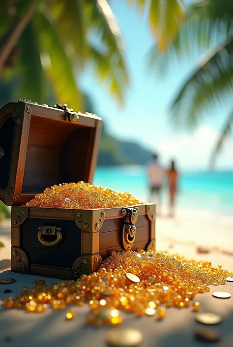 An open chest with several jewels and gold coins falling from it, on an island with a blurry couple in the background 