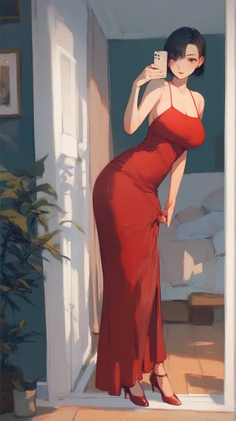 night, inside, Selfie, woman,  full body,  short black hair, Pose left hand pulling your hair away behind your left ear,  Medium to Large Breasts ,  low cut red dress, anime art style.