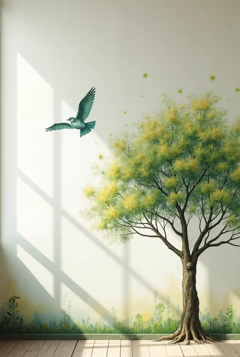 a wall with tree and bird flying painting 