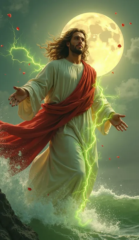 Jesus Christ, serene face, brown hair and clothes moving with the wind, red and white tunic, he holds a cross made of green electricity, Jesus is flying over the sea, bright rose petals falling, full moon in the background.