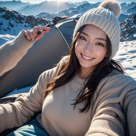 ( Upper Body Selfies :1.3),Winter Mountaineering, against the backdrop of a spectacular view from the summit, beautiful sunrise,Remove the beam from above, backlight, while reflecting elements of Western beauty in particular, Especially while reflecting el...