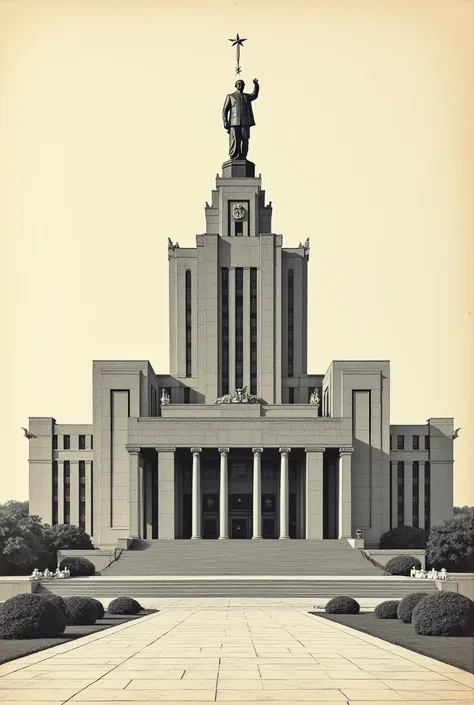 Architectural drawing of the Palace of the Soviets, 1930s style. Monumental building with a massive base, tall columns, and a tower topped by a statue of Lenin. Detailed facade, proportions, and surrounding landscape. Style: Soviet art deco with neoclassic...