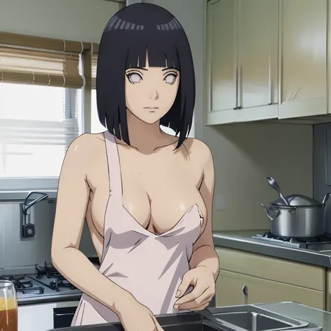 Hinata Uzumaki (NARUTO), 1girl, High Resolution, Best Quality, Masterpiece, Anatomically Correct, Textured Skin, Long Hair, Hime Cut, Dark Blue Hair, White Eyes, Breasts: 105cm, Height: 163cm, Naked Apron, Kitchen