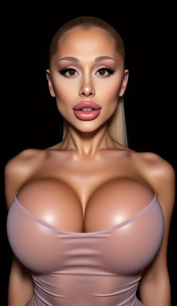 ariana grande, exact copy of ariana grande, hyper detailed face ariana grande, straight ponytail, shiny huge tits, bimbo, realistic, 8k, fullscale, shiny, sexy, wet look, ((Enormously huge bimbo boobs)), giant tits, light pink makeup, firm round tits, flat...