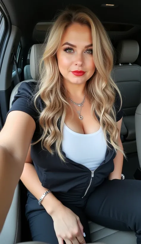 blonde middle aged fat woman taking selfie inside her car, selfie point of view, long straight hair, big and large breasts, busty cleavage, big hips, thick thighs, serious, accurate details, using make-up, red lipstick, full body picture, shoes, north Amer...