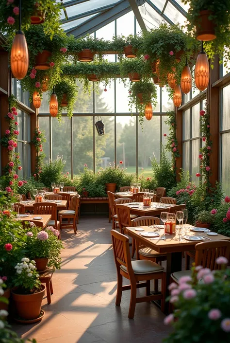  Imagine a garden restaurant in a compact package bright flowers are placed everywhere in the room :
	• Flowers :  — hanging pots with geraniums ,  with roses or orchids ,  flowering shrubs in pots ,  weaving plants around tables .
	 • Swings :  Each table...