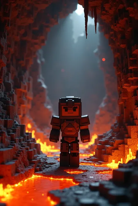 A Minecraft character with iron armor in the cave with lava 