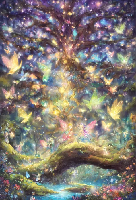 A magical forest filled with glittering fairies, Ancient tree with twisted roots and radiant flowers々, A small stream flows, The fairies are kind, Enchanting Light, Air filled with sparkling particles , The environment is lush and otherworldly, illustratio...