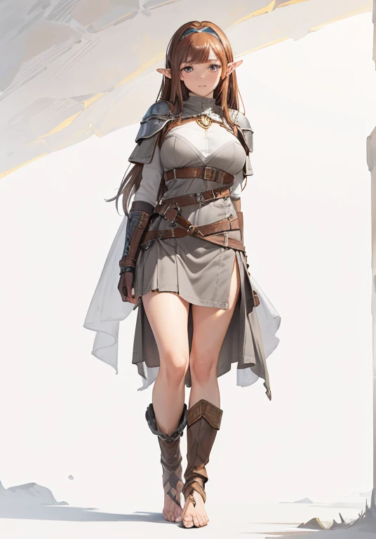 (Best quality))) (((HD))) (((8K))) (Character) 20-year-old woman, ((Adventurous)) elf, ((Beautiful)) and ((cheerfulness)), (freckles), (long pointy ears), ((Brown hair)) and ((Long hair:1.5)) and (leather hairband:1.2) and (long side bangs), voluptuous and...