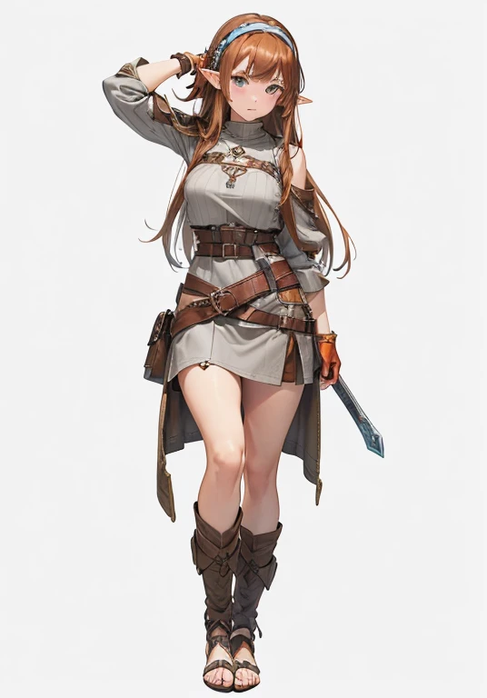 (Best quality))) (((HD))) (((8K))) (Character) 20-year-old woman, ((Adventurous)) elf, ((Beautiful)) and ((cheerfulness)), (freckles), (long pointy ears), ((Brown hair)) and ((Long hair:1.5)) and (leather hairband:1.2) and (long side bangs), voluptuous and...