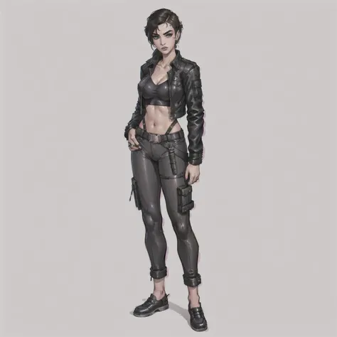 arafed woman in a black leather jacket and grey pants, photograph of a techwear woman, black leather slim clothes, leather clothing and boots, full body photoshoot, female lead character, cyberpunk fashion clothes, diesel punk female, fantasy leather cloth...