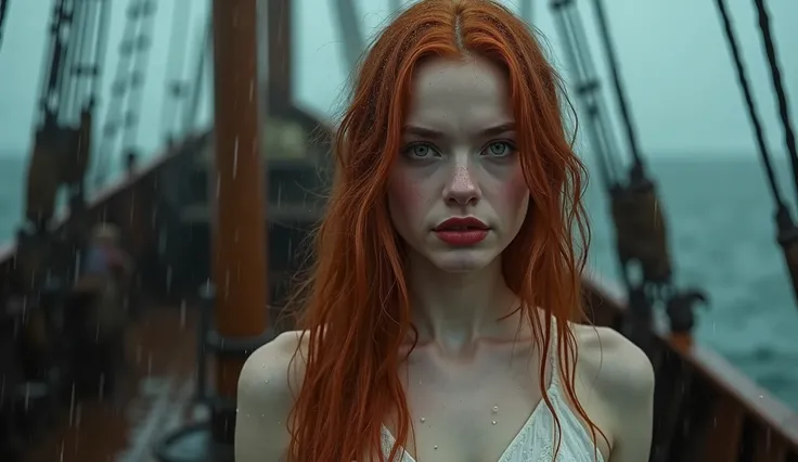 (25 years old woman, long straight red hair waist length, fair skin, green eyes, matte red lips, she is wearing a simple white dress. realistic human image in high definition and resolution. 8k quality.) She is standing outside a wooden ship and it is rain...