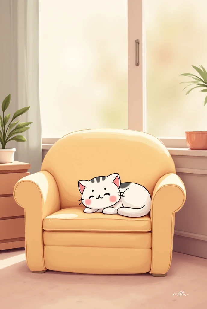 create a drawing with soft and relaxing lines to color . I would like it to be set in a living room at home and to portray a cozy scene with a cute animal that makes the shirt 