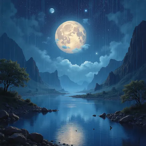   Rain  。  Planet-like mandala art Lake view with moon and art mandala paintings,  shining in the sky , exciting background ,  impressive fantasy landscape ,  breathtaking alien landscapes  ,   beautiful  Alien Scenery ,   fantasy space ,  featuring little...