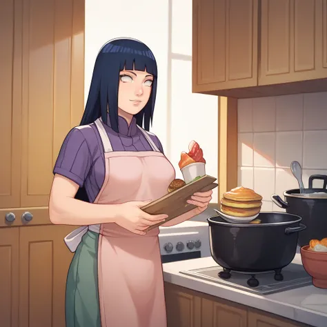 Hinata Uzumaki (NARUTO), 1girl, High Resolution, Best Quality, Masterpiece, Anatomically Correct, Textured Skin, Long Hair, Hime Cut, Dark Blue Hair, White Eyes, Breasts: 105cm, Height: 163cm, Apron, Kitchen