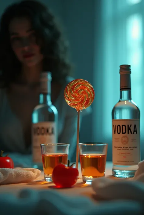 A lolipop on a table with two vodka bottles and two glasses and a woman in angle that's not fully visible