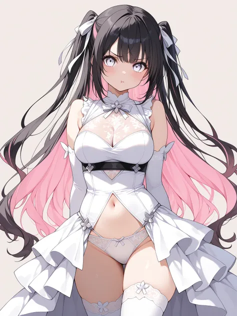 1girl, multicolored hair, long hair, two side up, black hair, pink hair, white eyes, looking at viewer, white dress, layered dress, see-through cleavage, sleeveless, elbow gloves, navel, underbust, showgirl skirt, white panties, white thighhighs, hair ribb...