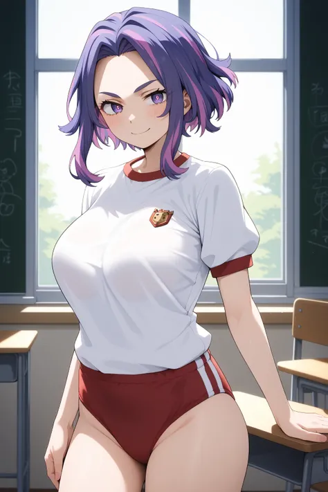 masterpiece,best quality,{{detailed beautiful face and eyes}}, very detailed background,
Kaina Tsutsumi,{{{megami magazine}}},short hair,streaked hair,purple hair,pink hair,parted bangs,purple eyes,large breasts,
gym uniform,red buruma, white shirt, short ...