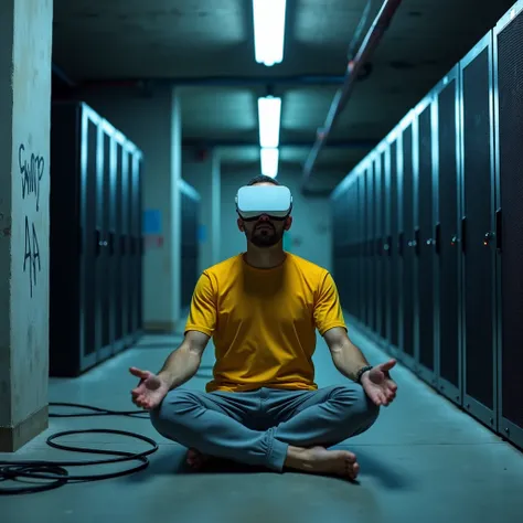 Realistic image. Professional photography. 40-year-old man, (front view) facing the camera, Latin American, thin, white skin, very short hair in a military recruit style, sitting on a cement floor with his legs crossed, (zen sitting position), barefoot, dr...