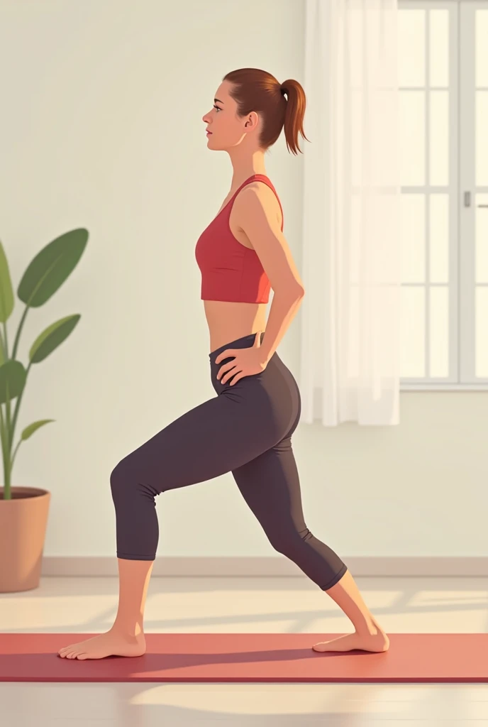 " An illustration of a person warming up and stretching focused on the glutes before training . This could be a person doing quadriceps stretching and trunk flexion .  The environment must be clean ,  with a yoga surface and soft lighting to convey a sense...