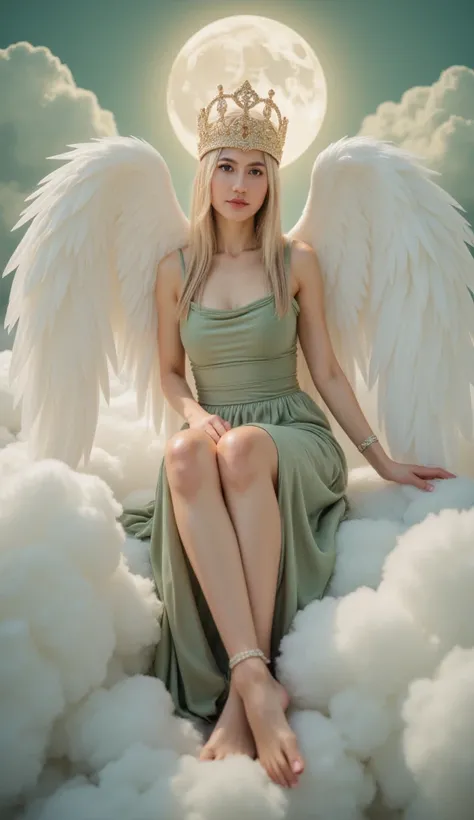  Fantasy art, Pevita Pearce,  A beautiful woman with clean smooth skin, long straight hair is very neat, wearing a golden crown , wearing a sage green dress,  big wings ,  Sitting on top of a cloud , sitting dangling swinging legs, Ankle Bracelet, look to ...