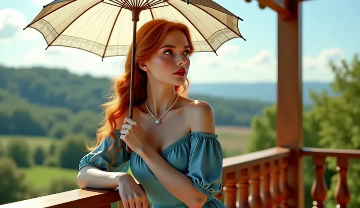 A wide, freshly painted wooden balcony, with Maria (a 25-year-old woman, long straight wavy red hair, waist-length, fair skin, green eyes, matte red lips, wearing a simple blue silk dress. Realistic human image in high definition and resolution. 8k quality...