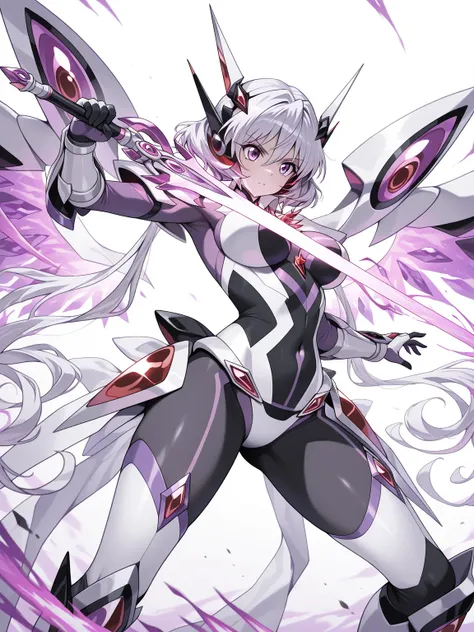 1girl, Symphogear warrior with a sleek, powerful aesthetic using a color scheme of black, white, and purple. The armor should have a foundation of black with sharp, angular lines to create a futuristic, high-tech look. White accents should highlight key ar...