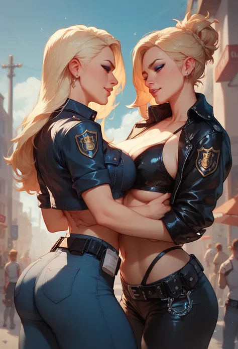 Two girls with enormous solid boobs wearing a leather police shirt and leather jacket pressing boobs 