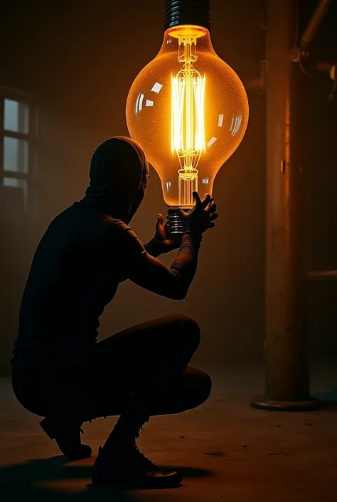 Image of a thief stealing a large Edison bulb bulb

