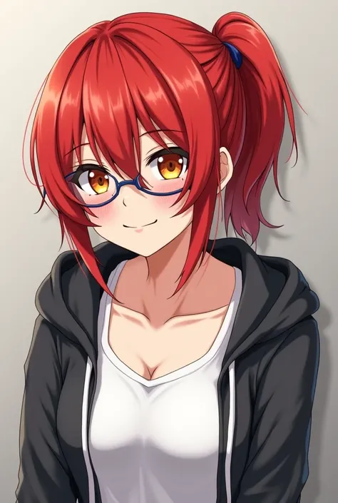 A red haired anime girl who covers her right eye with her hair she wears a white tank top with a dark grey hoodie she has yellow eyes and messy hair with a ponytail and is tall and an adult around her late 20s and wears glasses 