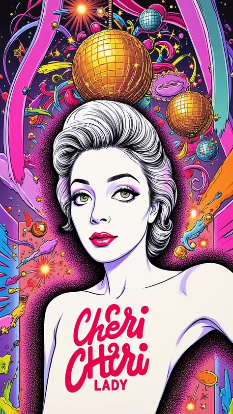 Create a sketch drawing that features a detailed the vibrant spirit of the 1980s. 
Incorporate the slogan "Cheri Cheri Lady" in bold, stylish letters at the top of the poster, evoking a sense of nostalgia and love. The background should be inspired by a li...