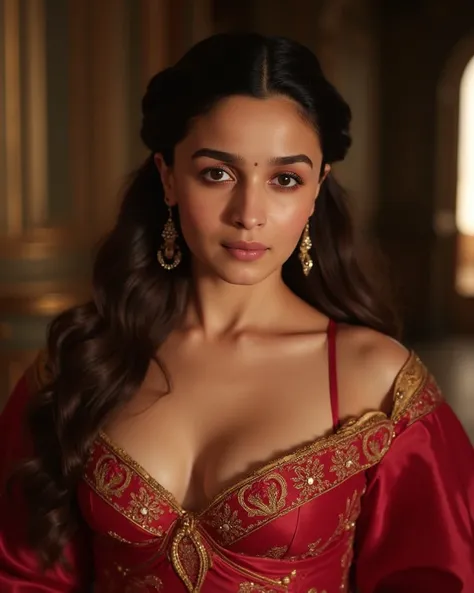 realistic photo of Alia Bhatt, Huge Breasts, seductive pose, beauty lady, (hot), masutepiece, High quality, UHD 32K, Realistic face, Realistic skin feeling, 1 matured lady, FLAT CHEST, (Day time at Palace), look In front  at the camera, DARK BROWN FLUORESC...