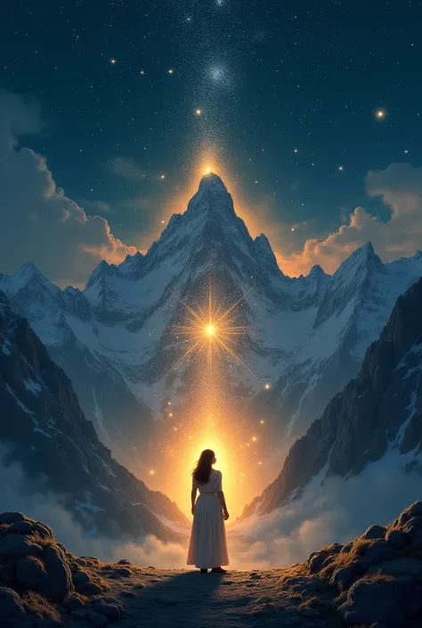  A mountain under a starry sky where a figure stands alone, with a Bible floating before her ,  surrounded by a golden glow that reveals her soul 