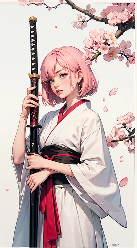  A minimalist katana sword placed vertically in the center ,  with an elegant design and crisp details .  Around the sword ,  pink cherry petals float gently ,  creating a harmonious and poetic atmosphere .  The background is white , clean and simple ,  to...