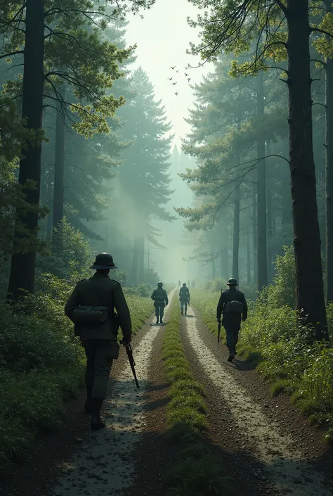  Scene from the Second World War on a hill between the German side and the allies, on a road in the middle of a forest 