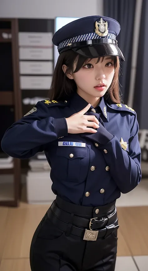 (( best quality)), Female police officer , Japanese Police、Metropolitan Police Department, Tight Skirt  ,(Female police officerは背後から女性に抱きつかれて、 is being touched on the chest:1.8),   standing,   cowboy shooting,Big Breasts,The buttons on my uniform fly and I...