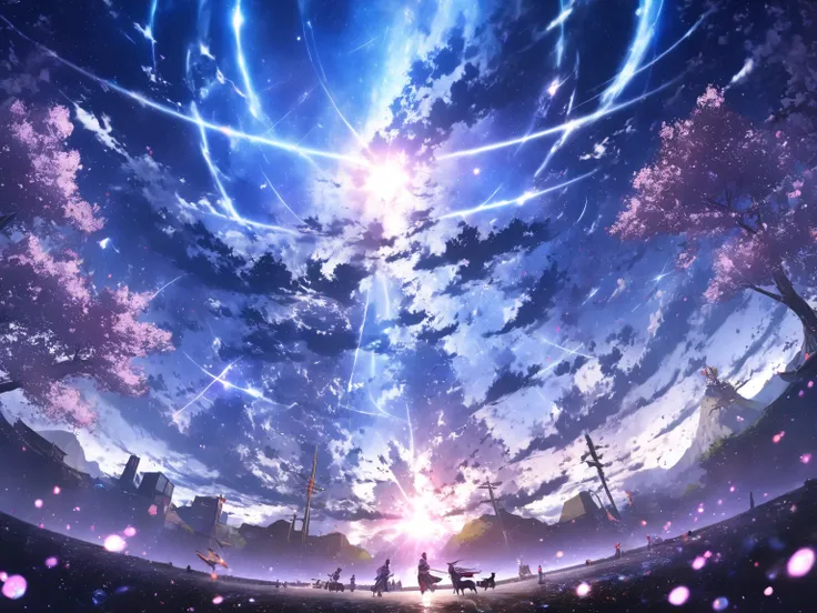 masterpiece,  samurai , (meteor), space galaxy background , (  great composition  ,  epic scale),   bright color, cherry blossoms,The dogs,Glowing light particles、heart、Running through time、Sky、 Fantastic Scenery、Japanese style、The atmosphere of space-time...