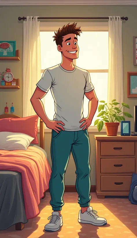 (cartoon) a 20 year old man in his room wearing clothes and sweatpants getting ready to play sports