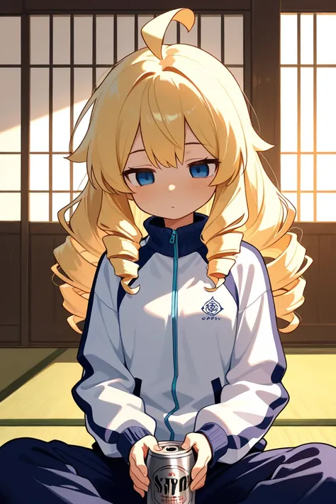 ( score_9, score_8_up, score_7_up ), ultra-detailed, detailed face, 

Solo, a girl, blonde, long hair, drill hair, ahoge, blue eyes, slant eyes, narrow eyes, wearing maroon long sleeves sportswear and long pants sportswear, 

Relaxing on a tatami, Canned b...