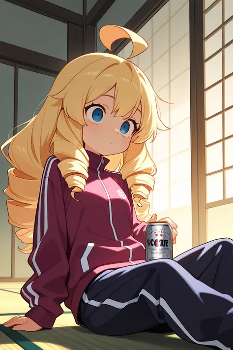 ( score_9, score_8_up, score_7_up ), ultra-detailed, detailed face, 

Solo, a girl, blonde, long hair, drill hair, ahoge, blue eyes, slant eyes, narrow eyes, wearing maroon long sleeves sportswear and long pants sportswear, 

Relaxing on a tatami, Canned b...