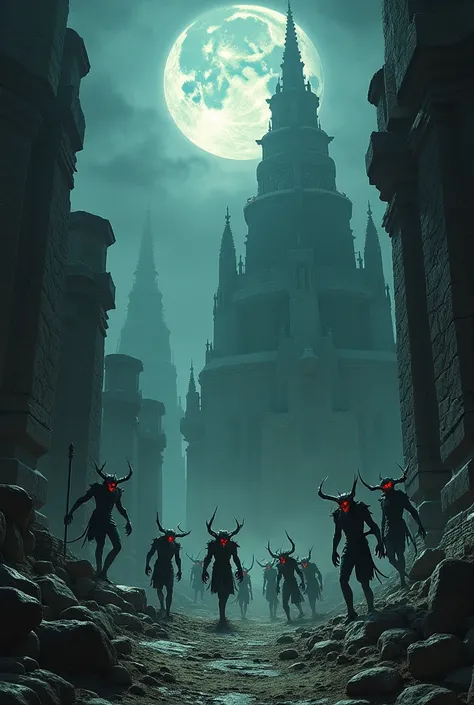 Picture :  Demons working frantically ,  building walls and carving stones under the moonlight.

text: " A legion of demons worked tirelessly , but Cantuña had a plan ..."