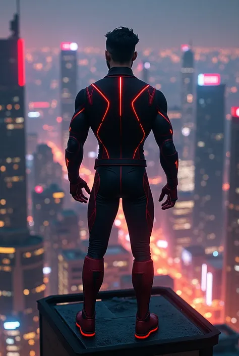 "Modern Shang-Chi in stylish black and red attire, standing on the rooftop of a skyscraper at night, overlooking a futuristic city with neon lights."