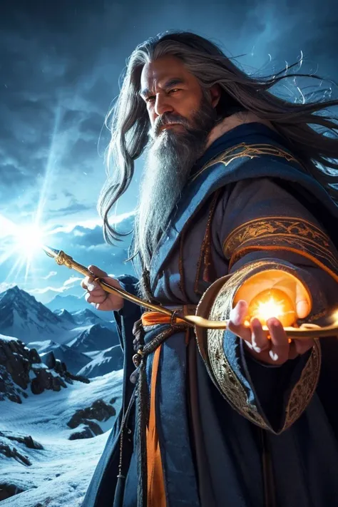  spectacular fantasy landscape 、 background surrounded by steep snowy mountains and spreading clouds 、 mysterious old wizard standing in the center 、 long gray hair and beard with a glowing cane 、 wearing a luxurious blue and orange robe 、Gold Embroidered ...