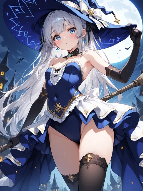 (masterpiece, best quality, extremely detailed), 
1girl, silver hair, very long hair, blue eyes, petite, witch, strapless dress, blue skirt, elbow gloves, white showgirl skirt, frills, hair ribbon, thighhighs,, dynamic pose, cinematic angle,