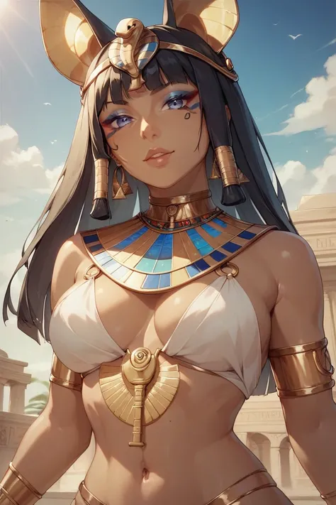  Girl I love anime, Sensual,  Egyptian clothes ,  with gold ornaments,  with an electric guitar in their hands , clothes with neckline, And in the background pyramids of ancient Egypt and hieroglyphics 