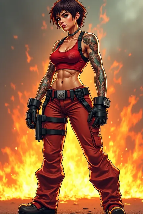 A tall woman with a thick, muscular, and heavily scarred and tattooed body, short hair, numerous scars and burns, laid-back presence, chill yet dominant demeanor, iron will, carefree and fearless, loud, confident, and powerful personality, rugged punk styl...