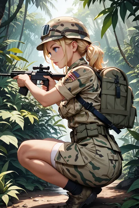 masterpiece, best quality, detailed, 1girl, early teen, female army officer, blonde hair, blue eyes, camouflage military uniform, camouflage military helmet, large tan color backpack, aiming assault rifle at her front, on one knee, looking forward, jungle,...
