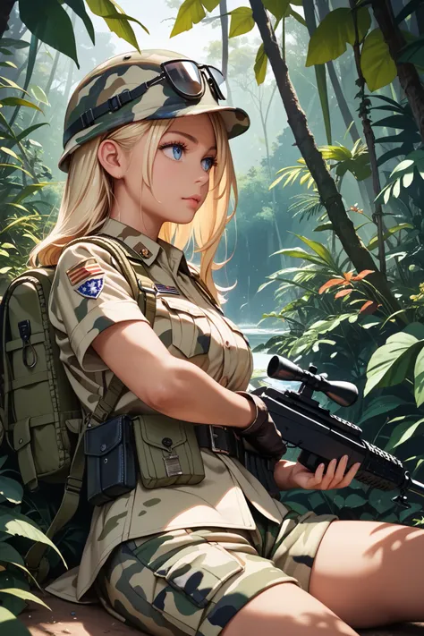 masterpiece, best quality, detailed, 1girl, early , female army officer, blonde hair, blue eyes, camouflage military uniform, camouflage military helmet, large tan color backpack, aiming assault rifle at her front, lying on the ground, looking forward, jun...